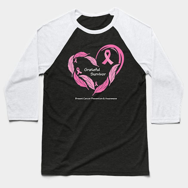 Breast cancer survivor with feathers, ribbons & white type Baseball T-Shirt by Just Winging It Designs